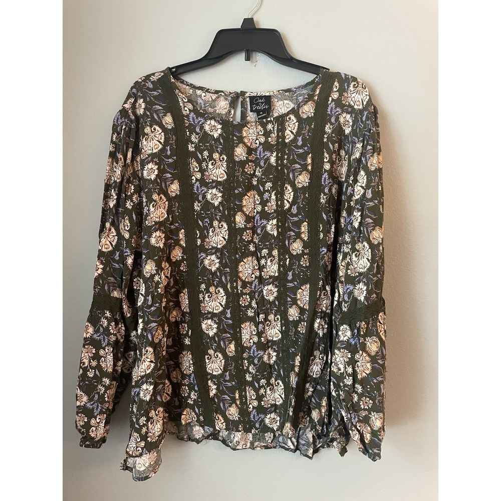 Oak & Trellis Green Floral Boho Crochet Accent Long‎ Sleeve Top Blouse 4XL